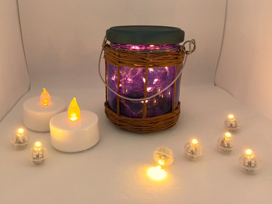 Small, Rustic, Painted Glass Jar Lantern with Fairy Lights (Violet Purple)