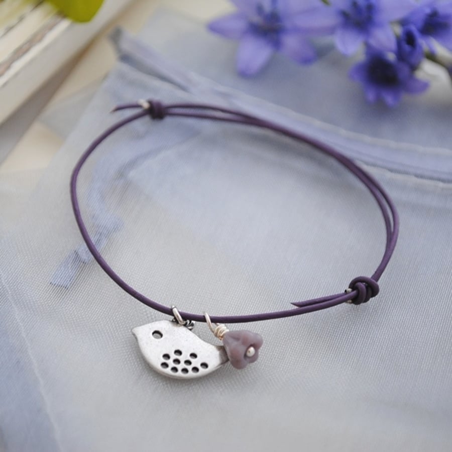 Friendship Bracelet-Purple leather & silver bird