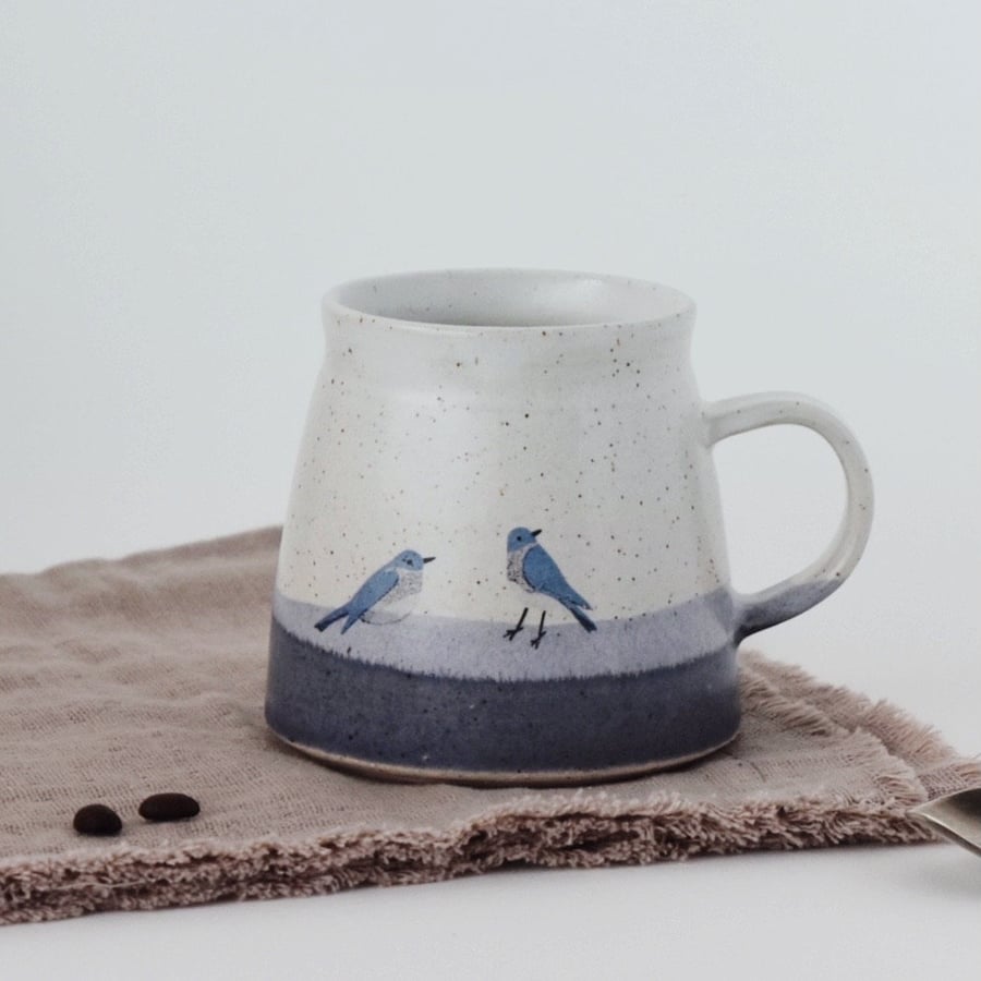 Ceramic mug with bluebirds, handmade blue and white bird mug for tea and coffee