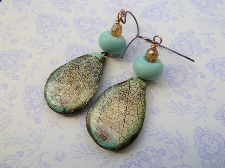 handmade lampwork, copper and ceramic wing earrings