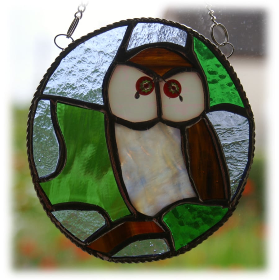 Owl Ring Suncatcher Stained Glass Bird Toowit Toowoo Handmade 