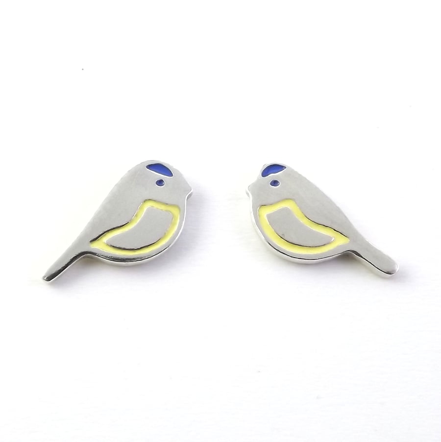 Blue Tit Stud Earrings, Silver Bird Jewellery, Handmade Wildlife Gift for Her