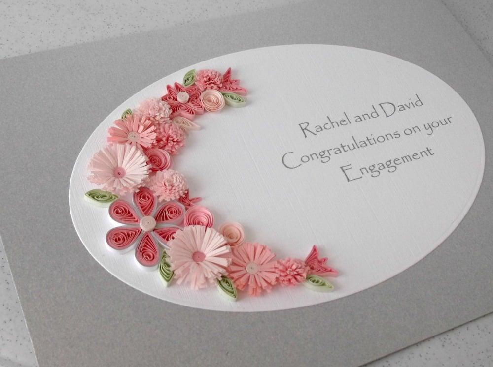 Handmade quilled engagement congratulations card in silver and pink