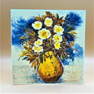 Birthday Greetings Card, Flowers in a Yellow Vase, 'Happy Birthday' message. 