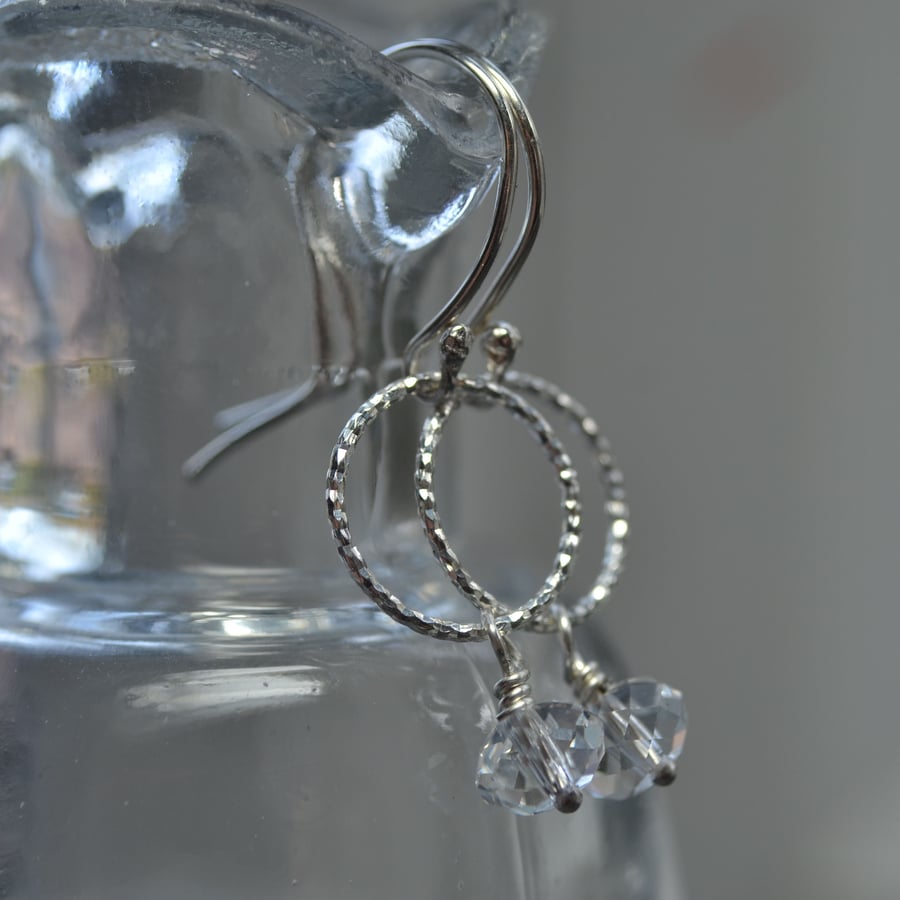 Sterling silver hoop drop earrings with clear crystal