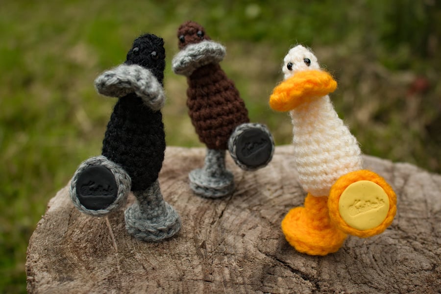 Set of Three Crocheted Runner Ducks - Rum, Raisin and Pin