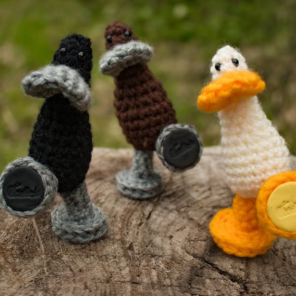 Set of Three Crocheted Runner Ducks - Rum, Raisin and Pin