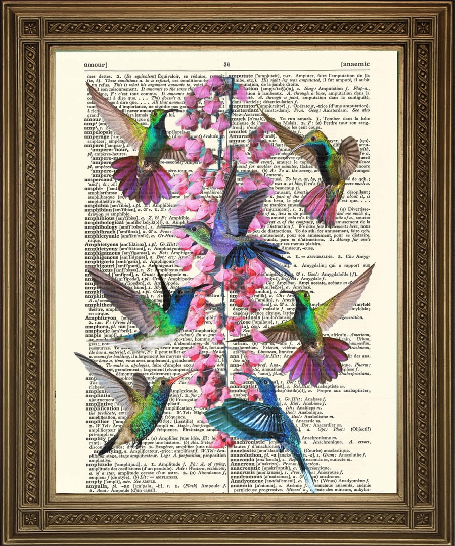 Hummingbirds and Flowers Art: Dictionary Print Wallhanging