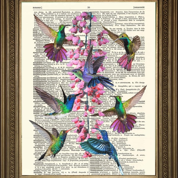 Hummingbirds and Flowers Art: Dictionary Print Wallhanging