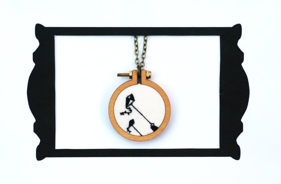 Kite flying silhouette mini hoop hand embroidered necklace
