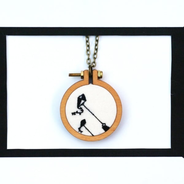 Kite flying silhouette mini hoop hand embroidered necklace
