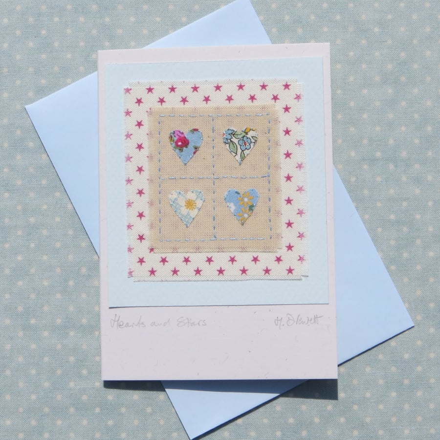 Hearts & Stars card hand-stitched mini textile for all sorts of special times!