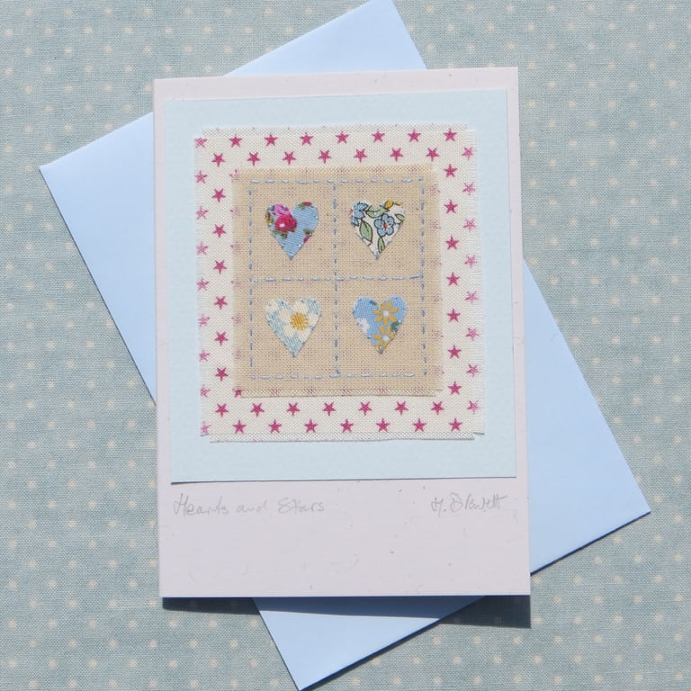 Hearts & Stars card hand-stitched mini textile for all sorts of special times!