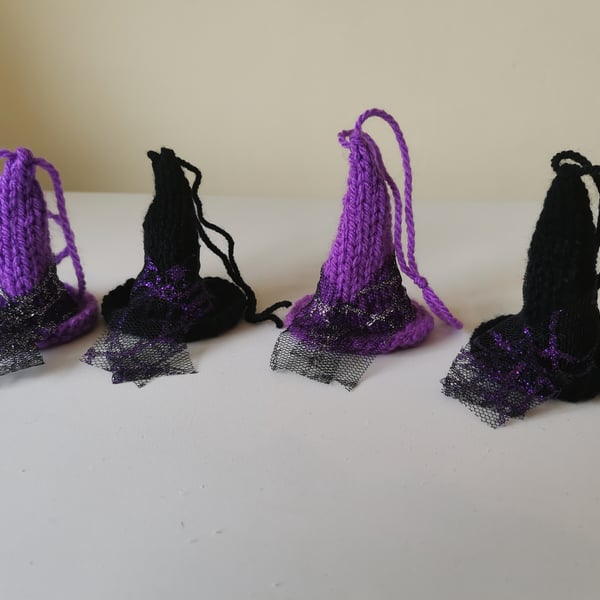 Hand Knitted Witches Hats, Purple & Black, Hanging Decoration 
