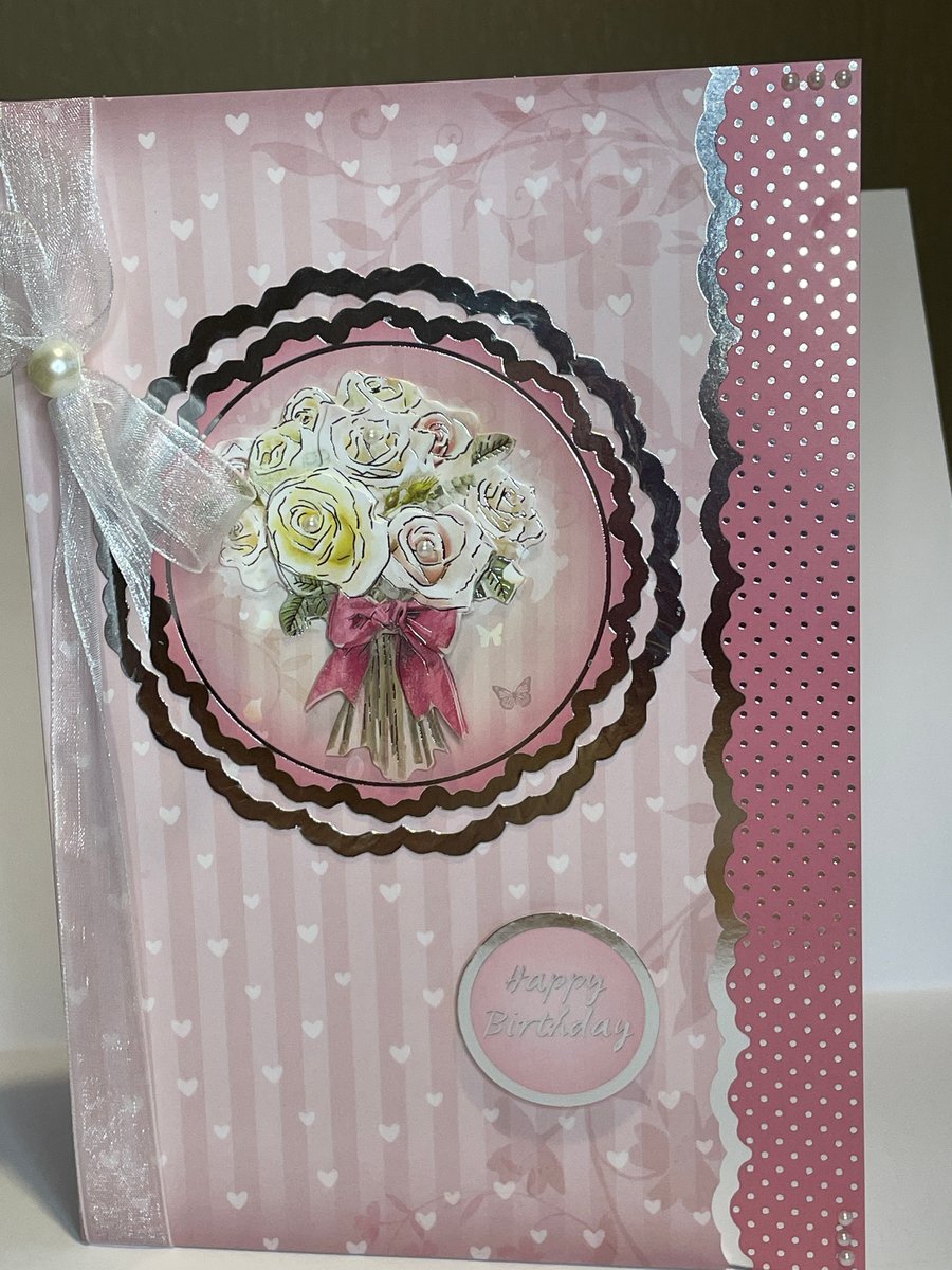 Feminine bouquet pretty hearts and stripes birthday card