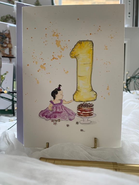 Original Watercolour First Birthday Card Baby Girl in Purple Dress with Balloon