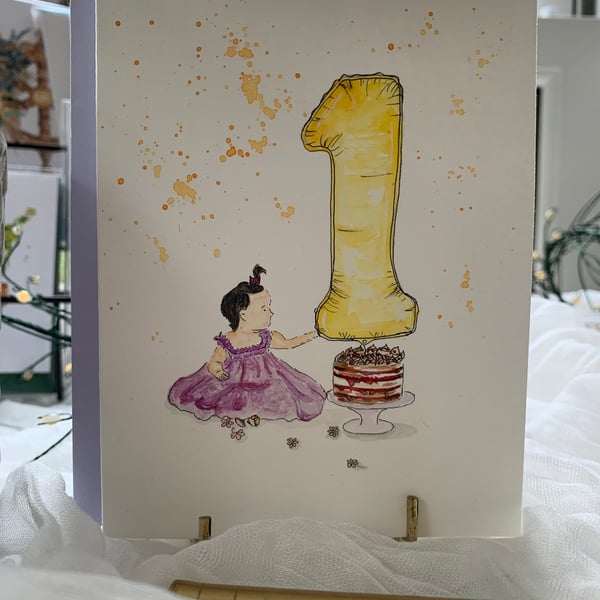 Original Watercolour First Birthday Card Baby Girl in Purple Dress with Balloon