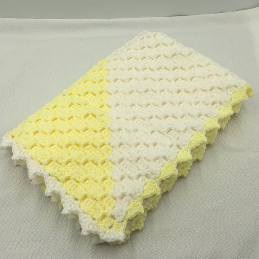  Pram Blanket. Small, Corner to Corner Crocheted Design in Lemon and Off-White.