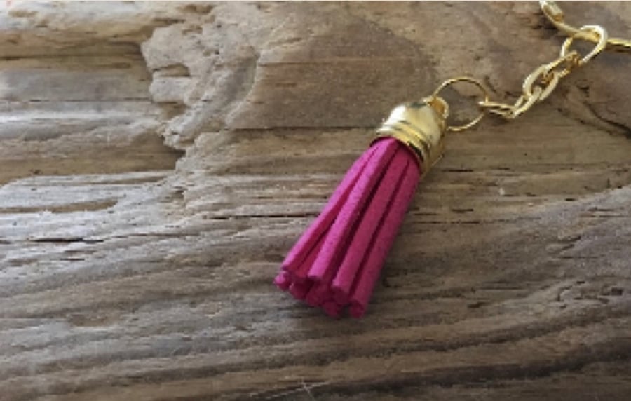 Pink Faux Suede Tassel Keyring