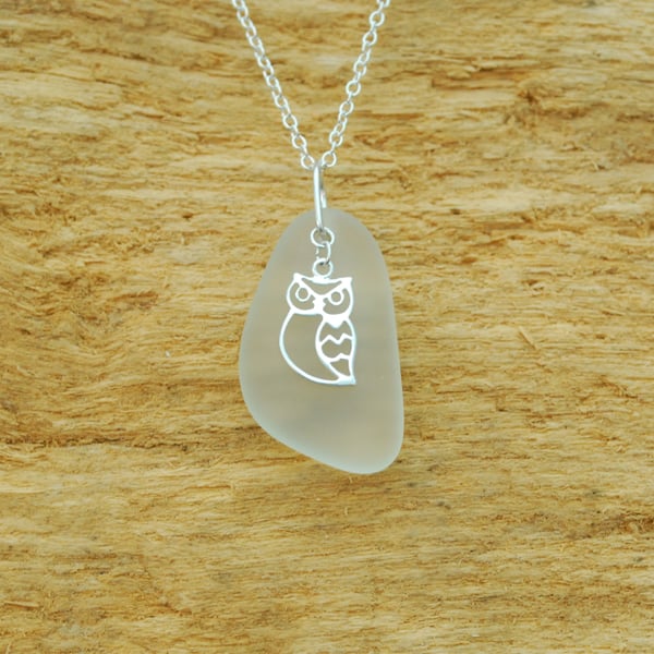 White beach glass pendant with owl charm