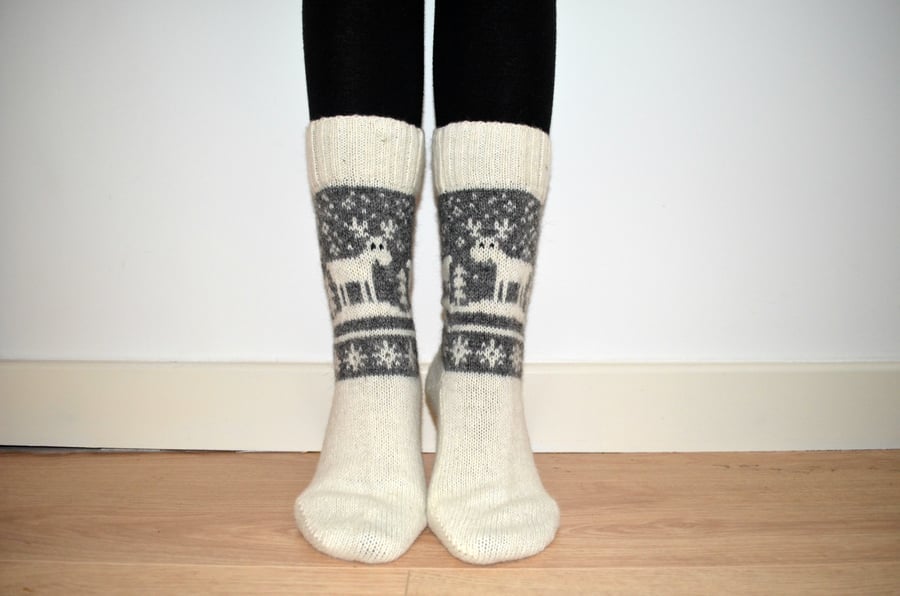 READY TO SHIP Wool Socks Elk Reindeer Christmas Winter White Grey Fair Isle
