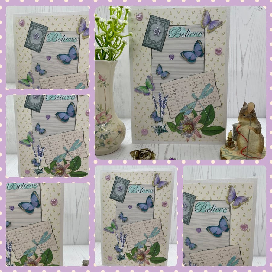 Lavender and Blue Butterflies, Music Vintage Style Greeting Card C - 128