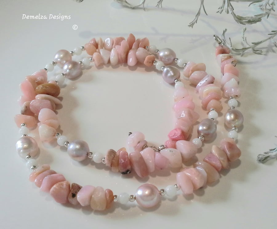 Puruvian Pink Opal. Agate, Freshwater Pearl Sterling Silver Necklace