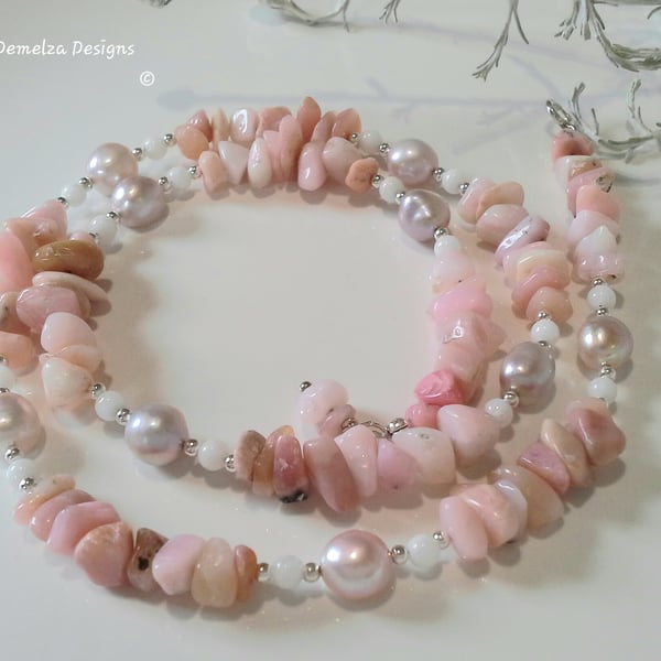 Puruvian Pink Opal. Agate, Freshwater Pearl Sterling Silver Necklace