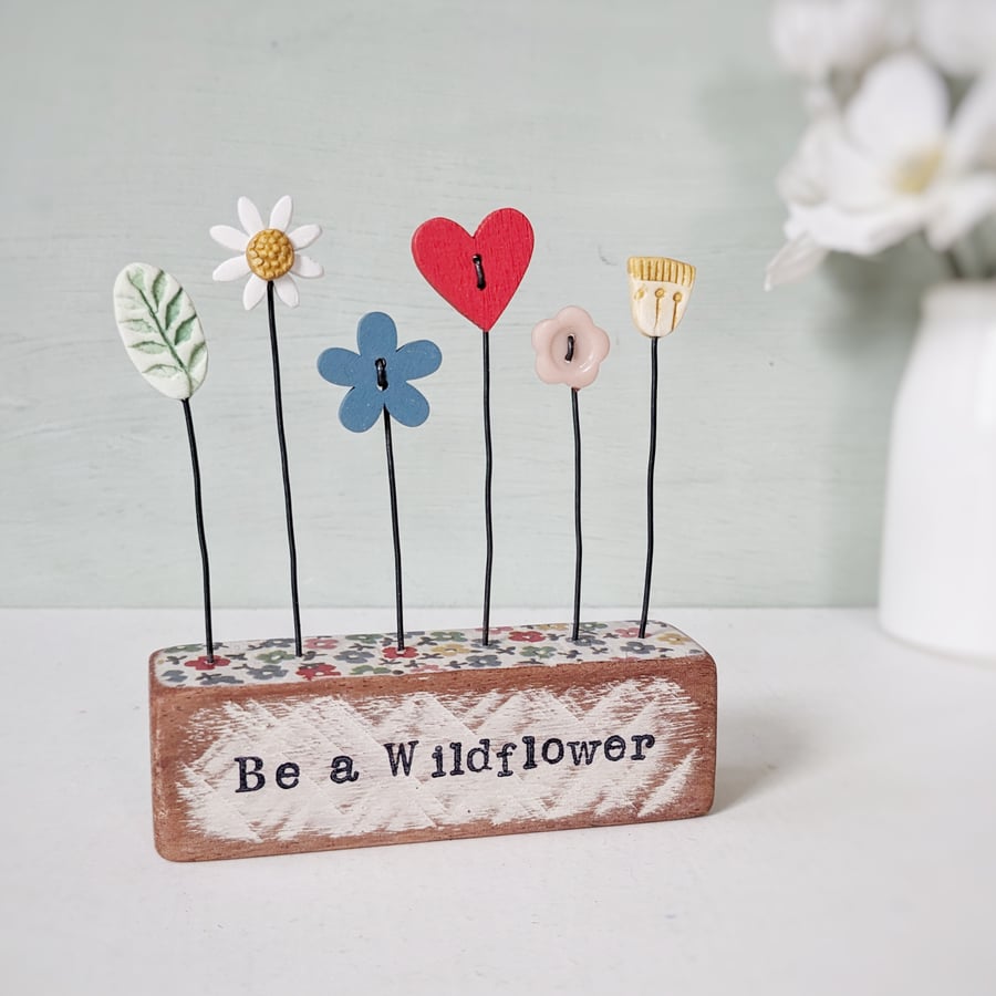 Clay and Button Flower Garden in a Floral Wood Block 'Be a Wildflower'
