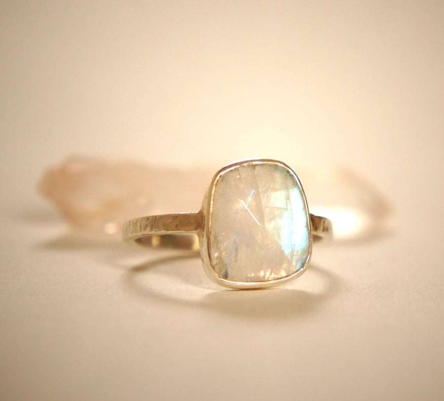 Rose Cut Glowing Rainbow Moonstone Ring