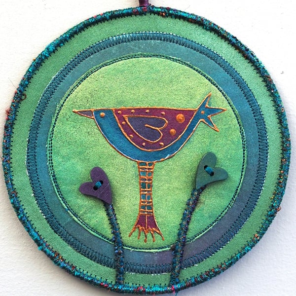 LBM03 - Lovebird Mandala Wall Hanging-15cm diameter-Green-Turquoise-Plum-Copper