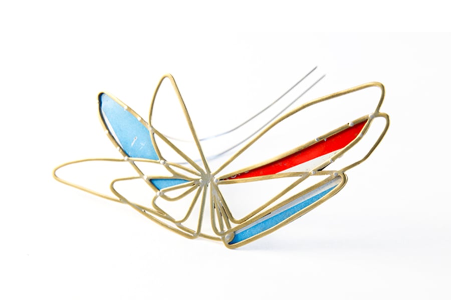 Brass Abstract Wing Red and Blue Tin Brooch