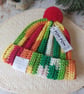 Crochet Pom Pom Hat Beanie Red & Green Age 3-7 Years