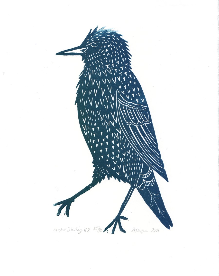 Original lino cut print "Mister Starling" in green and blue