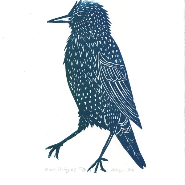 Original lino cut print "Mister Starling" in green and blue