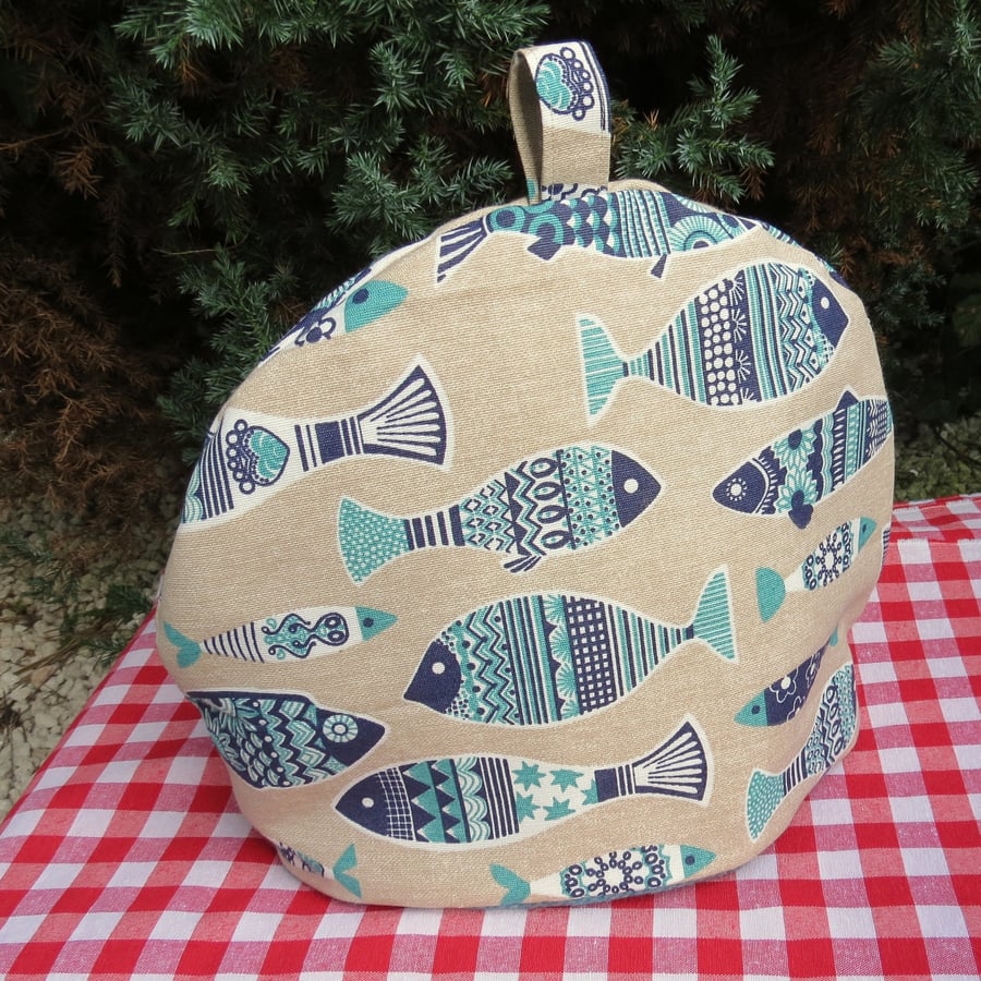 Blue fish.  A tea cosy, size medium.. To fit a 4 - 5 cup teapot.  