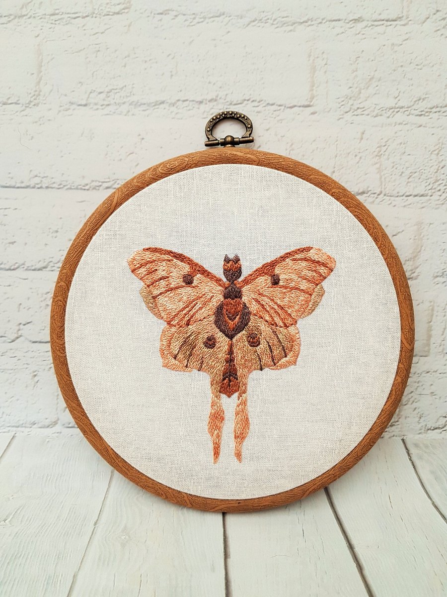 Moth Hand Embroidery Hoop Art, Hand Embroidered Wall Art, Moth Gift for Entomolo