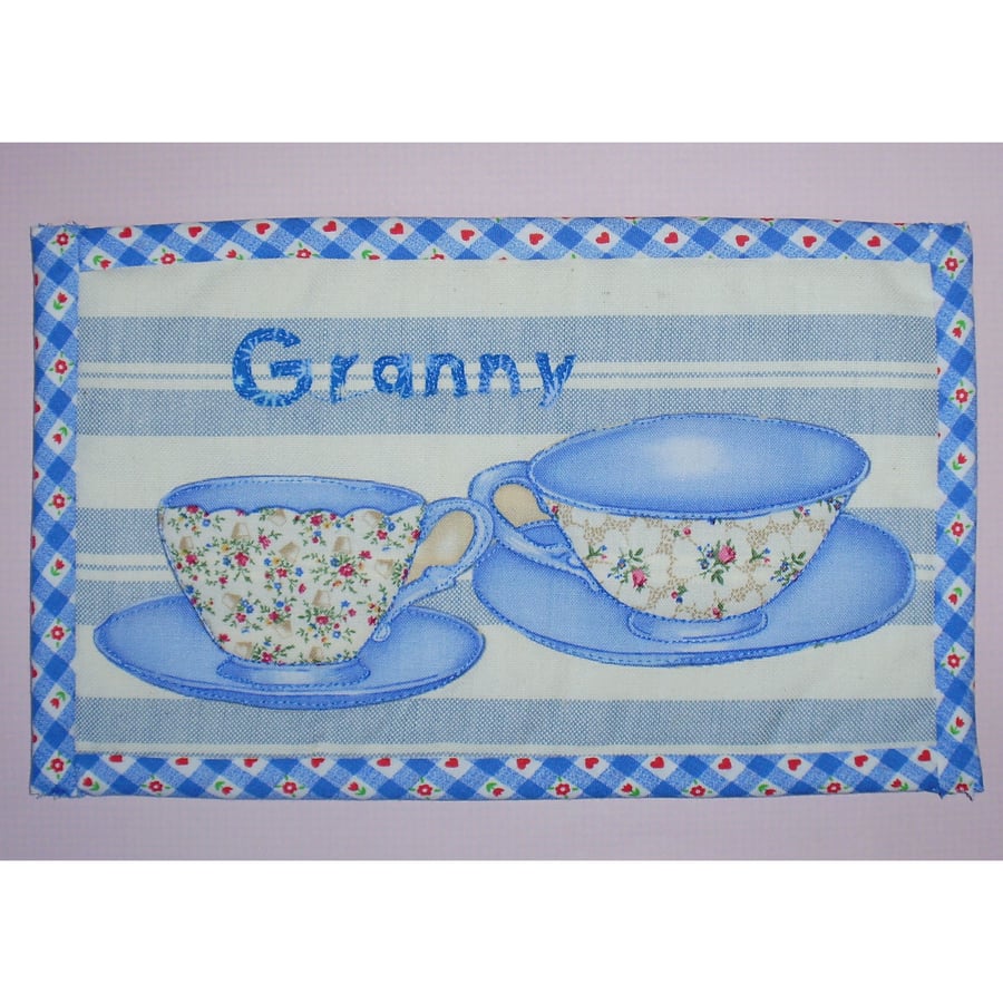 Mug Rug Granny and teacups blue