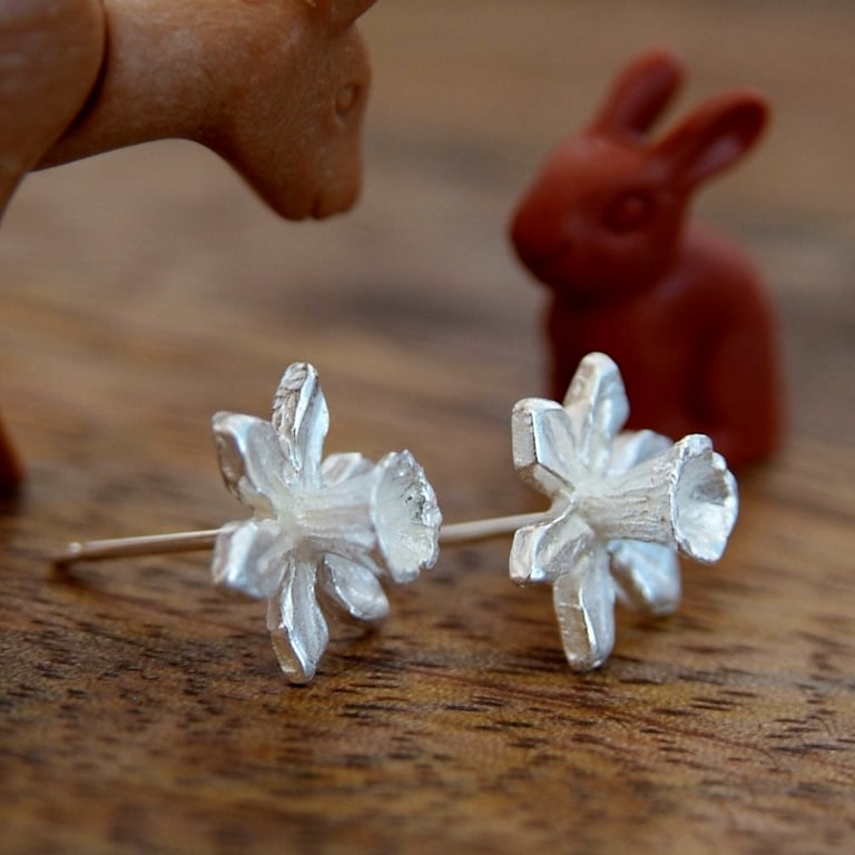 Silver Daffodil Earrings, Spring Flower Studs, Welsh Jewellery Gift