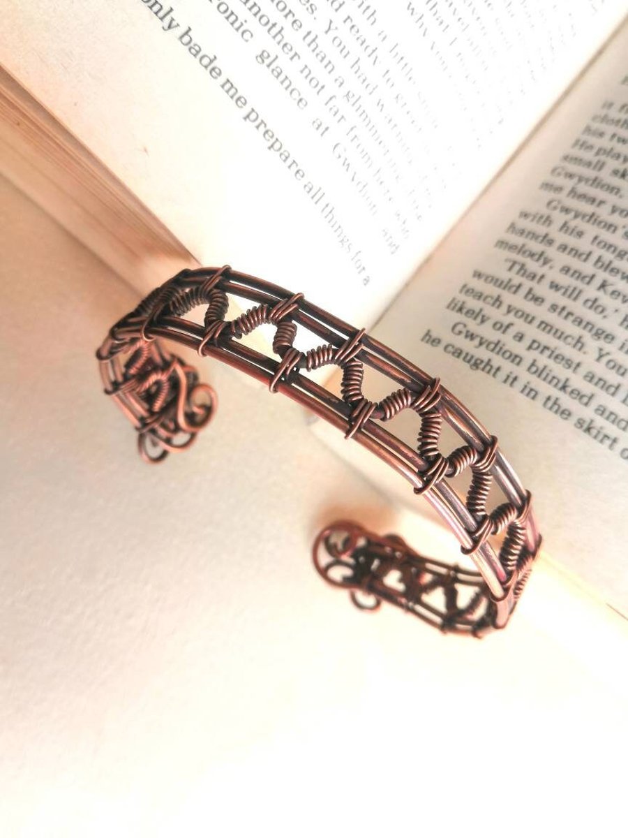 Copper Wire-wrapped Woven Wrist Cuff Oval Bangle Bracelet