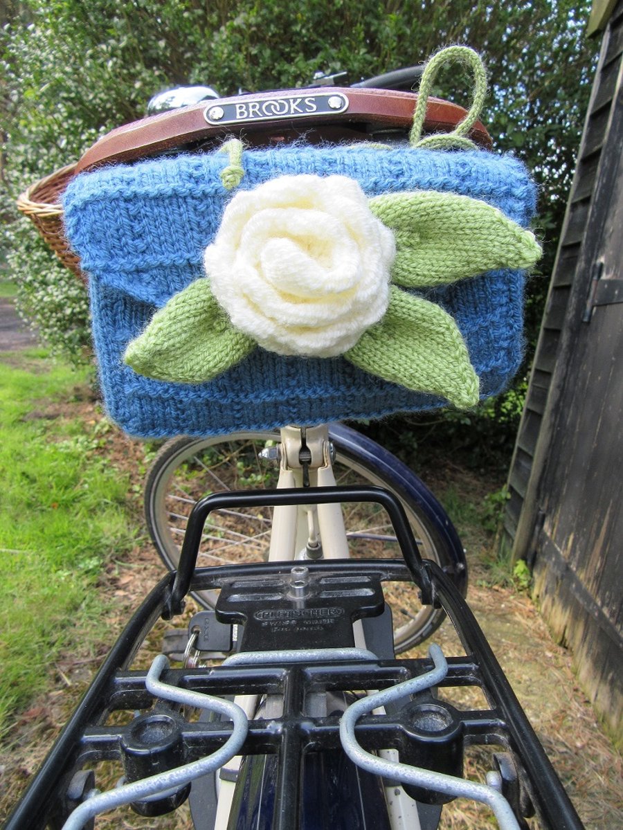Hand knitted saddle tool bag - blue with camellia
