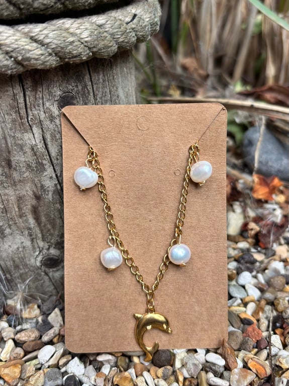 Gold Stainless Steel Dolphin Pendant with Freshwater Pearl Charm Necklace