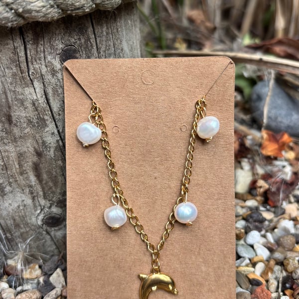 Gold Stainless Steel Dolphin Pendant with Freshwater Pearl Charm Necklace