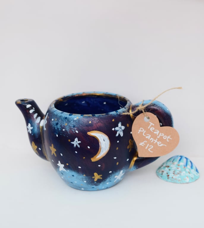 Hand-Painted Celestial Teapot Planter - Moon & Stars Indoor Plant Pot 