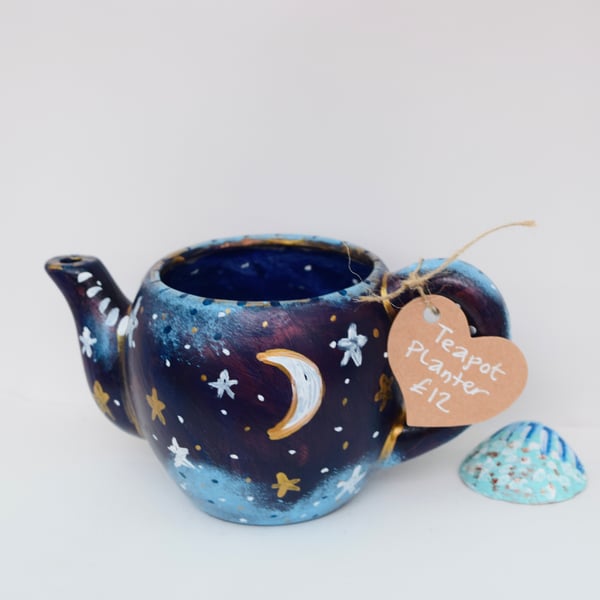 Hand-Painted Celestial Teapot Planter - Moon & Stars Indoor Plant Pot 