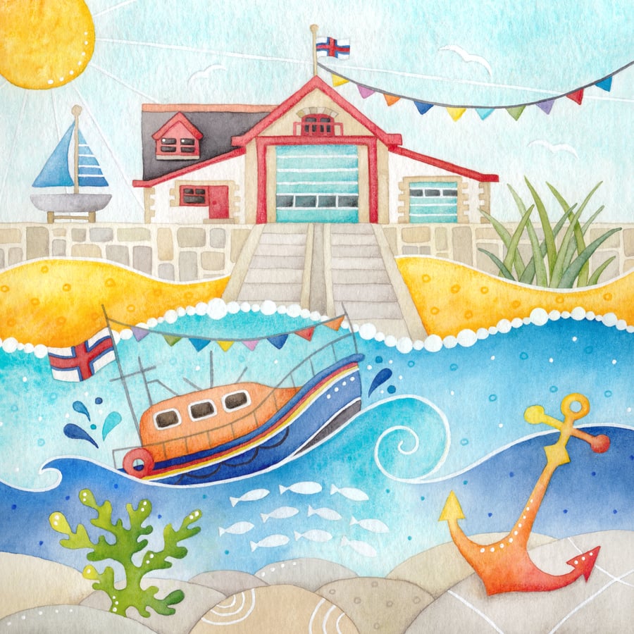 RNLI Lifeboat Framed Print. Seaside Watercolour Painting. Anstruther, East Neuk