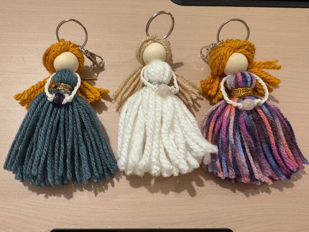 NEW - Handmade Guardian Angel Keyring - Rose Quartz & Amethyst Crystal Charm 