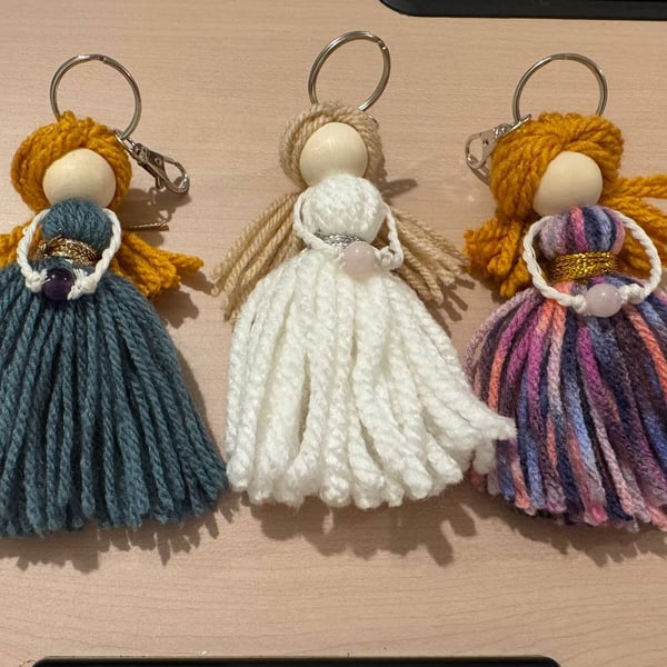 NEW - Handmade Guardian Angel Keyring - Rose Quartz & Amethyst Crystal Charm 