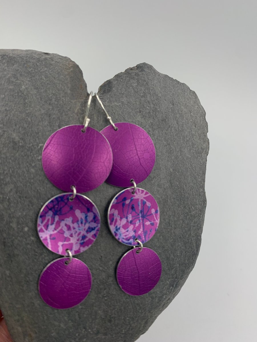 Statement anodised aluminium 3 circle dangly earrings in dark pink