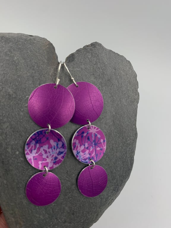 Statement anodised aluminium 3 circle dangly earrings in dark pink